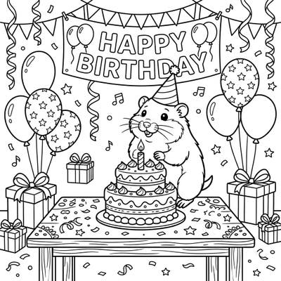 Dive into a world of birthday cheer with this delightful coloring page featuring a joyful lemming. Celebrate with cakes, balloons, and gifts, all waiting for your creative touch.