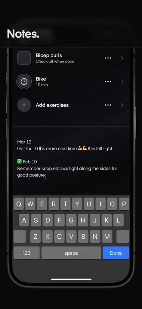 Dropset: Gym tracker - A minimalist workout notes screen in the Dropset gym tracker app showing logs for bicep curls and cycling.