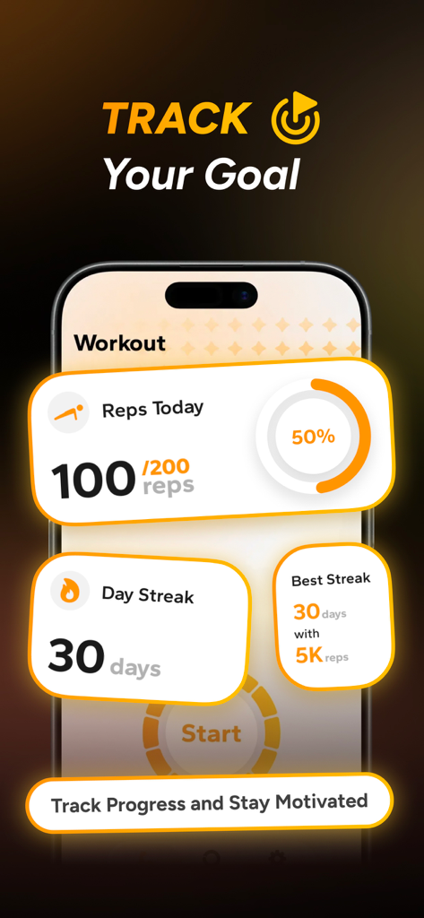 Push Up Counter. - Push up app screen showing daily rep progress and workout streaks