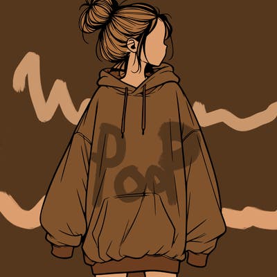 realistic girl with a oversized sweatshirt on and a bun