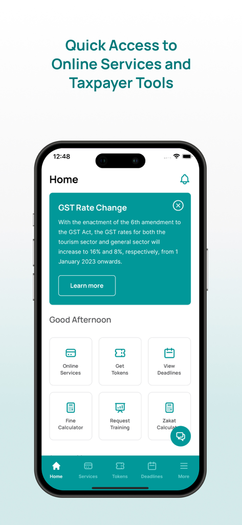 MIRA Maldives app home screen showing taxpayer tools and services like GST and Zakat calculators