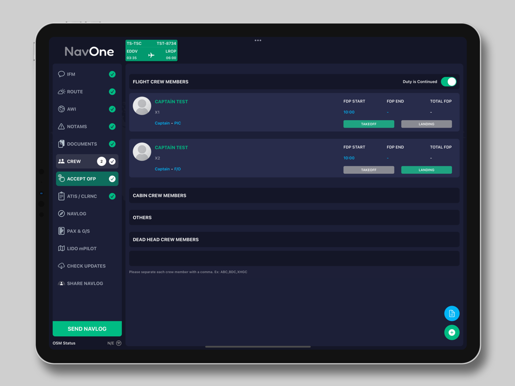 NavOne EFB app crew management interface on iPad showing pilot flight duty periods