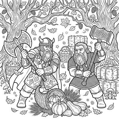 Dive into an epic autumn scene with our Dwarf Warriors coloring page, where brave protectors meet the bounty of the harvest. This intricate template blends fantasy adventure with seasonal charm, perfect for hours of creative coloring fun.