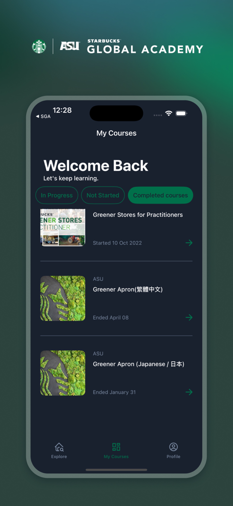 Starbucks Global Academy - Starbucks Global Academy app interface showing the My Courses screen with sustainability training modules and a welcome message.