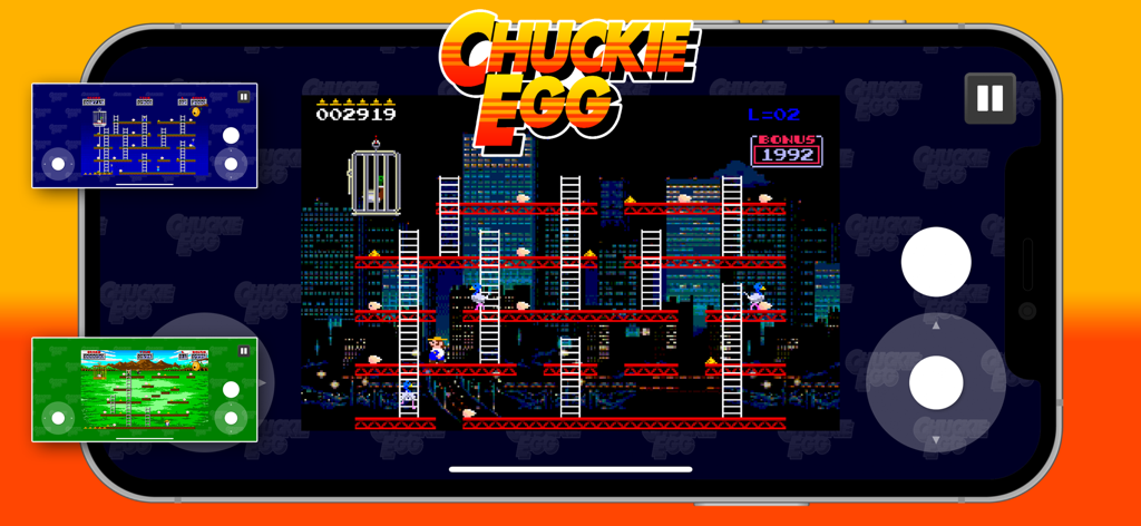 Chuckie Egg Remake - Jogabilidade de Chuckie Egg Remake em celular mostrando níveis e plataformas de arte em pixel de 8 bits em uma tela de smartphone