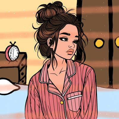 realistic woman with pajamas on and a messy bun