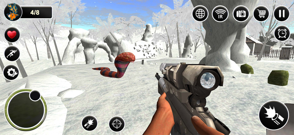 Snake Hunter Sniper 3D - Vista en primera persona de un rifle de francotirador apuntando a una cobra en un paisaje nevado