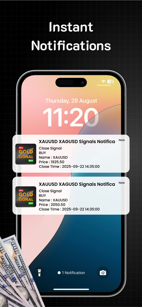 XAUUSD XAGUSD Signals Notifica - iPhone lock screen displaying instant gold trading signal notifications and market alerts