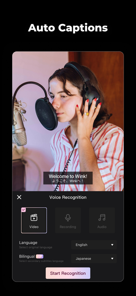 Oberfläche der Wink-App, die die KI-Auto-Untertitel-Funktion mit zweisprachigen Untertiteloptionen anzeigt