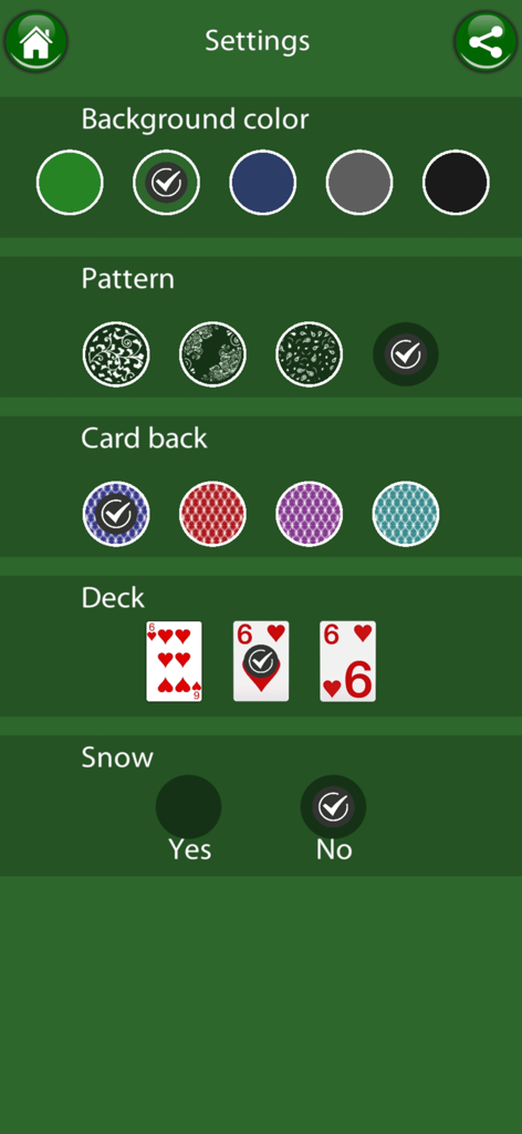 Solitaire Offline Classic Game - Settings menu showing customization options for background color card back patterns and card deck styles for the Solitaire game
