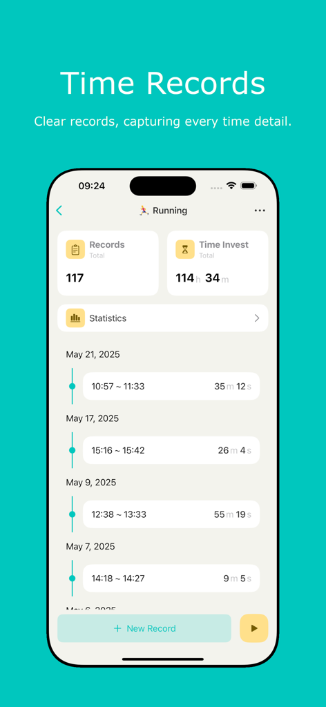 Hours: Time Log & Work Tracker - La pantalla Registros de Trabajo de la aplicación Horas muestra una línea de tiempo detallada de actividades y el tiempo total registrado.