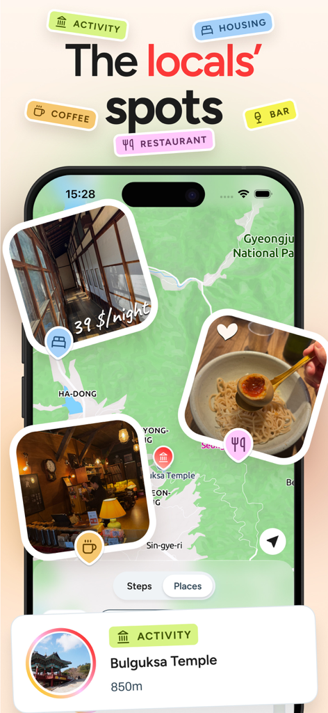 voilà : Travel guides & eSIMs - Una interfaz de mapa móvil en la aplicación de viajes voilà que muestra lugares locales seleccionados y actividades auténticas en Corea del Sur.