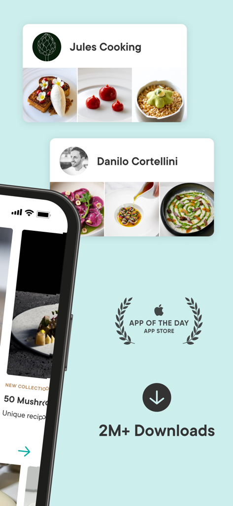 Gronda: Recipes for Chefs - Image promotionnelle pour l'application Gronda affichant des profils de chefs professionnels et de l'inspiration culinaire