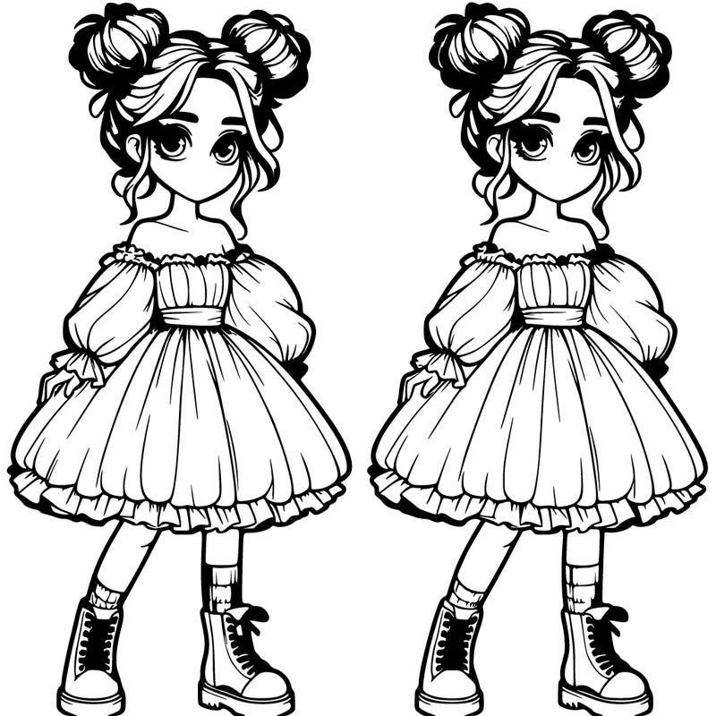 realistic teenage girl wearing a big poofy dress with boots with her hair up in two messy buns