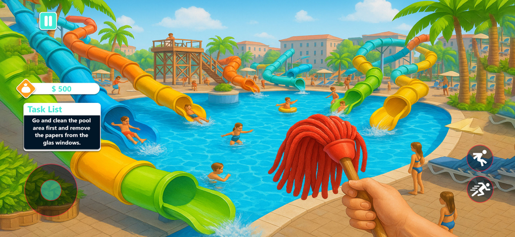 Water Park Supervisor Sim Game - Vista en primera persona de un jugador limpiando el área de la piscina en un juego de simulación de parque acuático en 3D