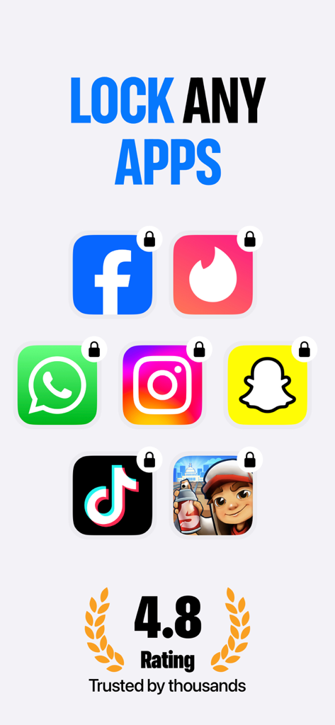 App Lock - Password For Apps - Smartphone screen showing popular social media and game icons with lock symbols and a high user rating