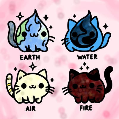 4 cats that represent the different elements, earth, water, air, and fire