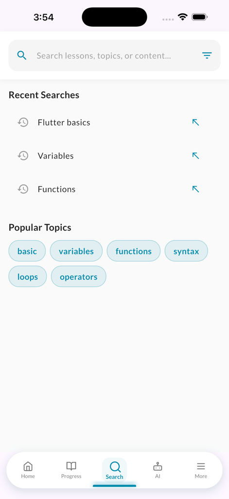 Search interface of the GoLang Pro app featuring a search bar, recent search history, and popular coding topics like syntax and loops.