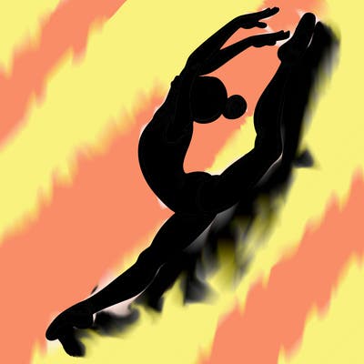 gymnast doing a leap in a leotard with a bent back leg