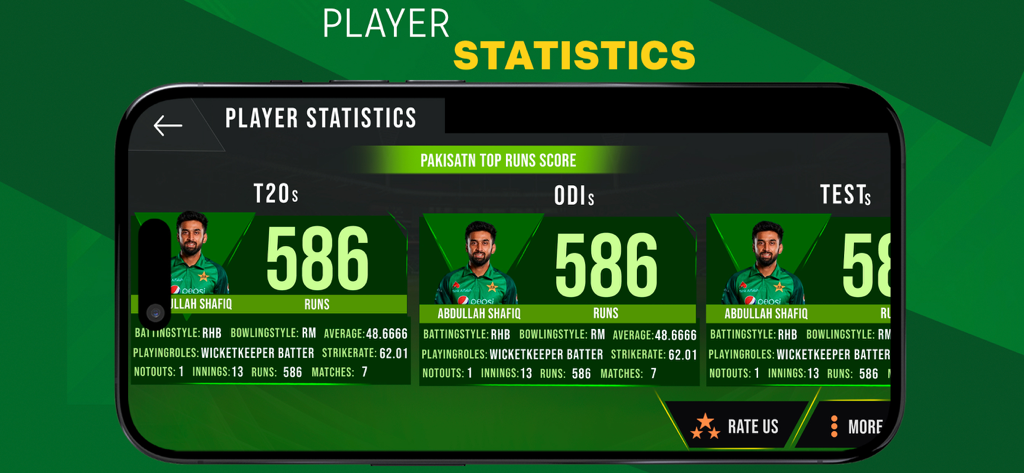 PTV Live Sports Cricket TV - Cricket player statistics dashboard showing career runs and performance metrics for multiple formats