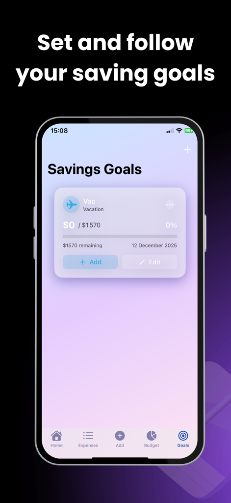 Budget & expenses : Spendo - Interface do aplicativo Spendo mostrando um rastreador de metas de poupança para férias em um iPhone