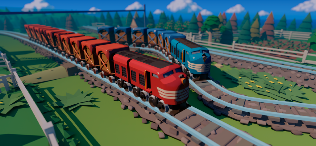 Train Conductor World - Red and blue locomotives traveling on parallel tracks in a stylized 3D environment