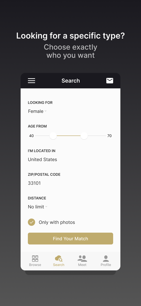 Search interface of the Biker Next dating app showing filters for age, location, and distance.