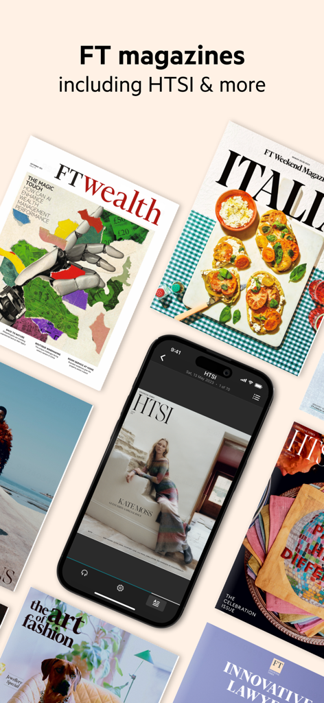 FT Digital Edition - Smartphone che mostra la copertina della rivista HTSI all'interno dell'app FT Digital Edition, circondata da altre pubblicazioni di riviste FT