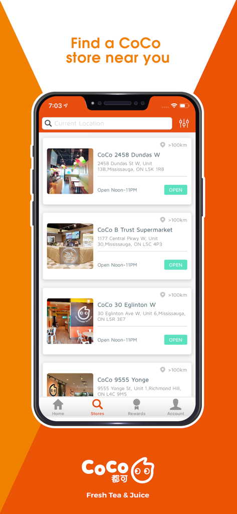 CoCo Bubble Tea Ontario - Pantalla de la aplicación móvil CoCo Bubble Tea Ontario que muestra una lista de ubicaciones de tiendas con direcciones y horarios de apertura