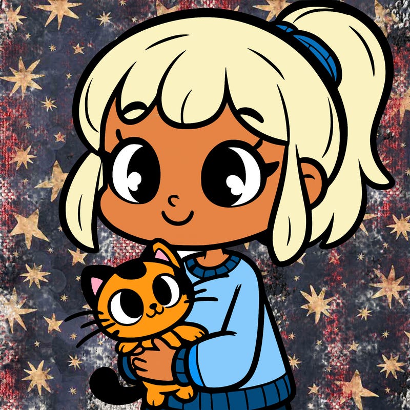 cartoonish girl holding a cat