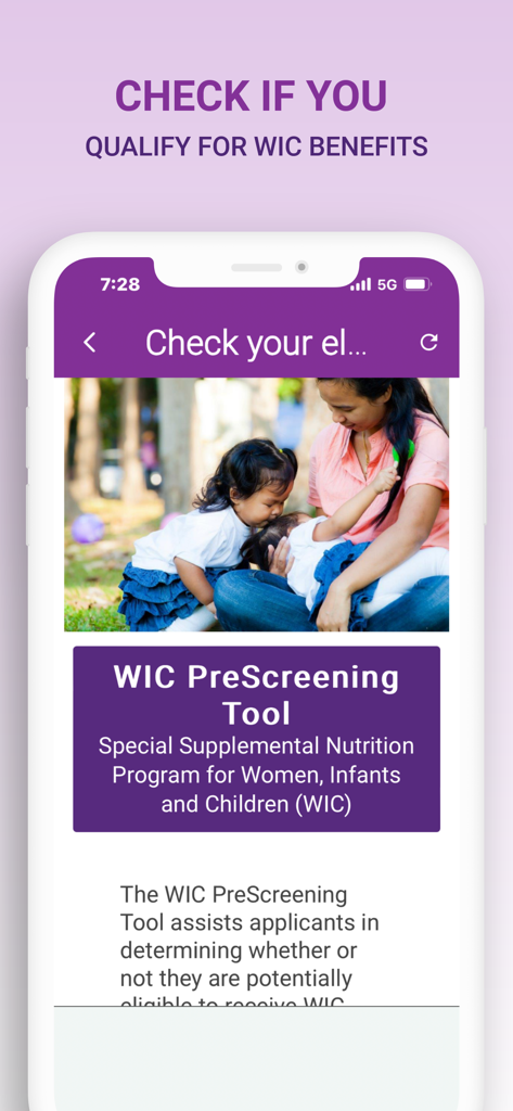 Pantalla móvil que muestra la herramienta de preselección WIC para verificar la elegibilidad para beneficios