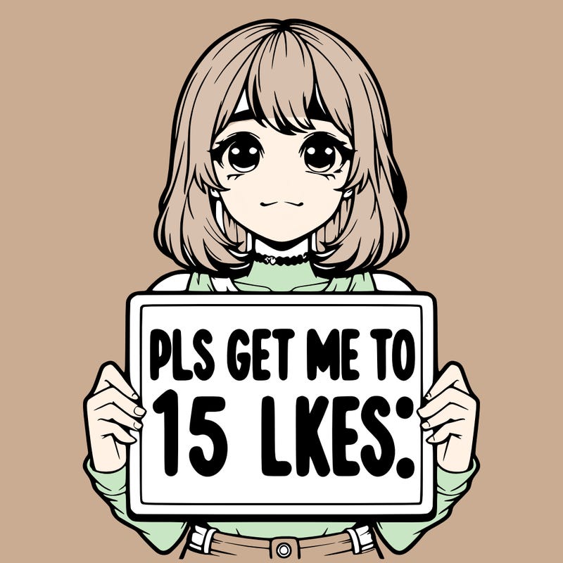 realistic girl holding up a sign that says “pls get me to 15 likes!”