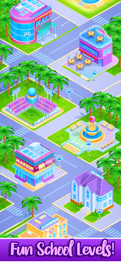 Girls High School Makeup Salon - Carte isométrique colorée de la ville du jeu montrant divers niveaux scolaires comme le café du centre commercial et le stade de pom-pom girl