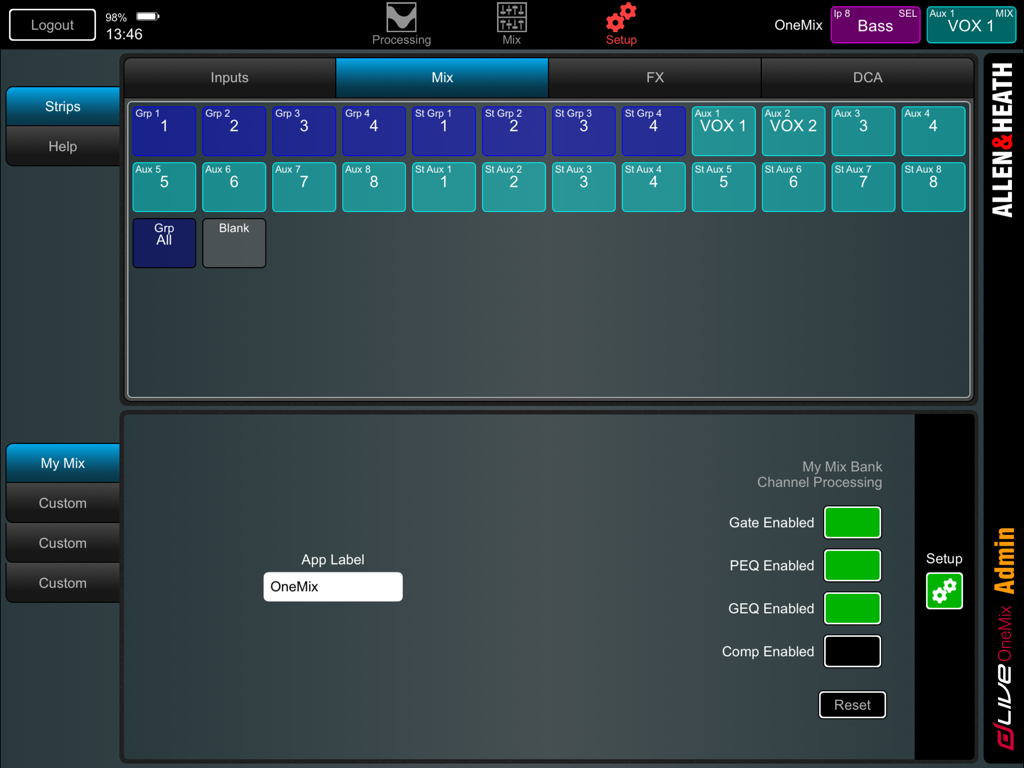 dLive OneMix - Admin setup view of dLive OneMix app showing mix processing and layer configuration
