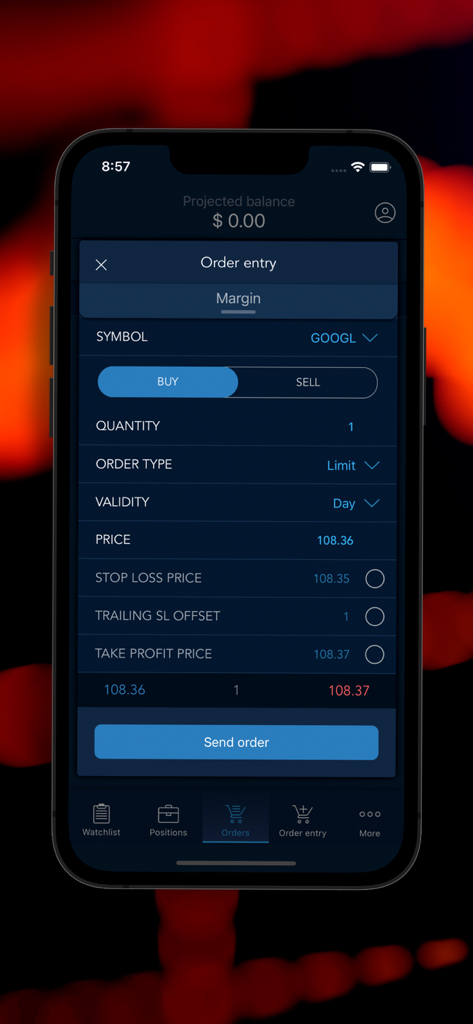 Tradoverse-Mobil-App-Bildschirm, der die Order-Eingabemaske für den Kauf von GOOGL-Aktien zeigt