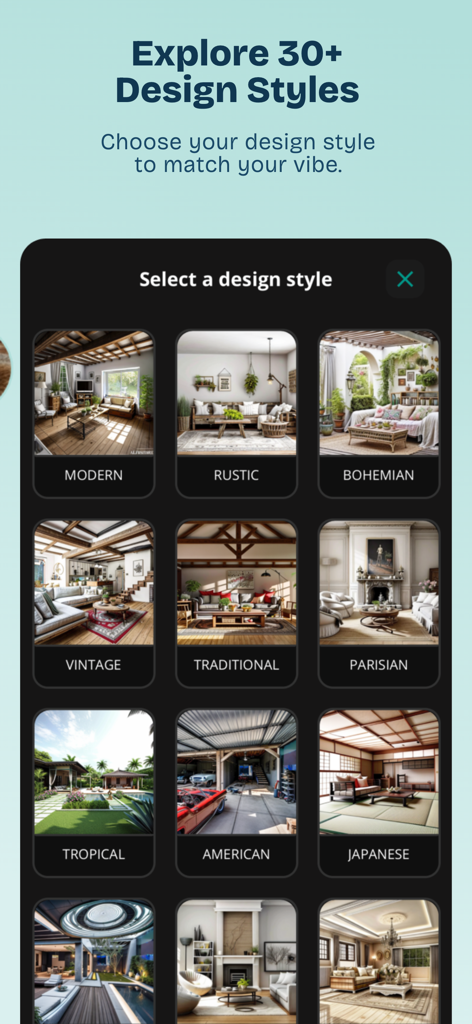 HomeGen AI: Interior Decor - Eine Auswahl an Inneneinrichtungsstilen in der Benutzeroberfläche der HomeGen AI App