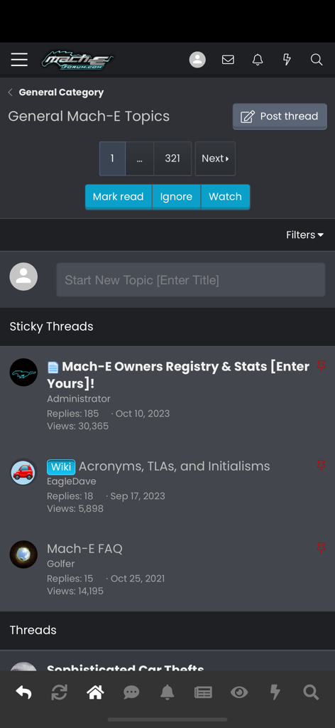MachEforum - Mobile app interface of MachEforum showing a list of general discussion topics and sticky threads for Ford Mach-E owners