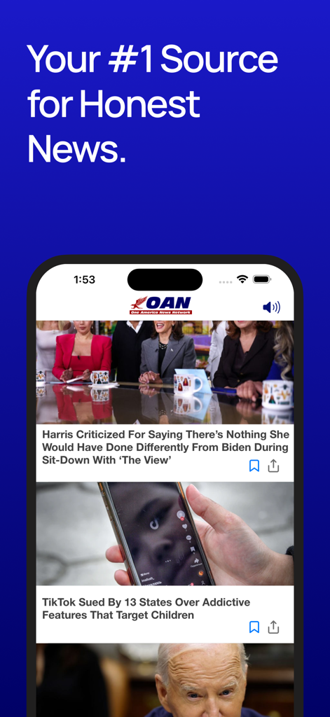 OANN news app interface showing breaking political and national headlines.