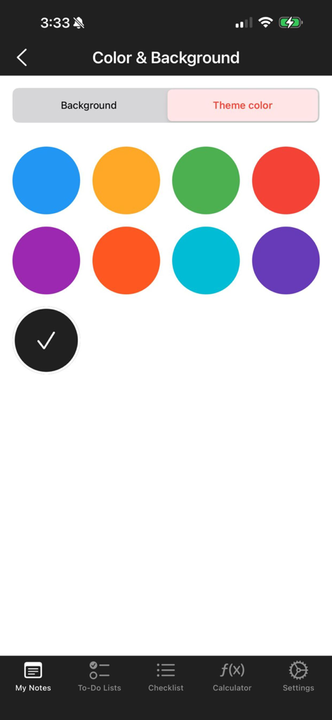 Note Book App - Pantalla de personalización de color y fondo en la App Bloc de Notas mostrando varias opciones de color de tema.