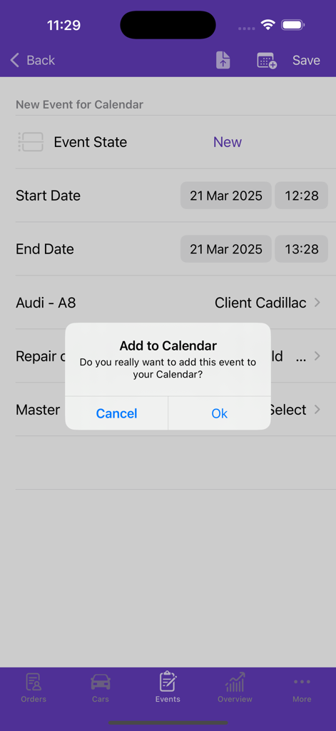 .Auto Repair - Una ventana emergente de confirmación para añadir un nuevo evento de servicio de coche al calendario dentro de la aplicación Auto Repair