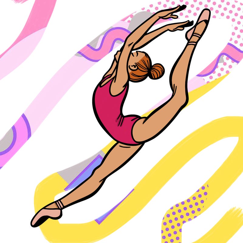 gymnast doing a leap in a leotard with a bent back leg