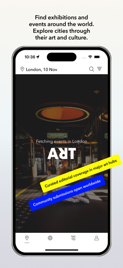 ArtRabbit - ArtRabbit app interface showing a loading screen for contemporary art events and exhibitions in London with editorial and community coverage highlights