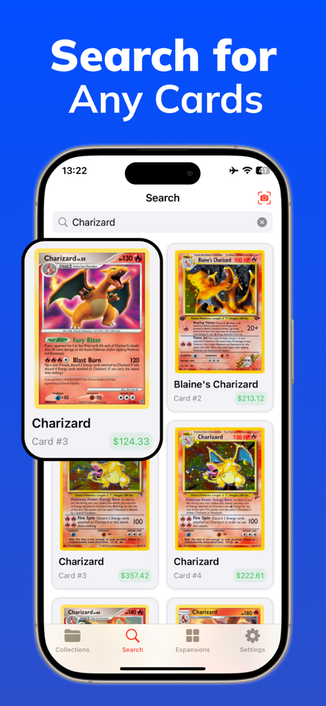 Tela de smartphone exibindo resultados de busca para cartas de Pokémon Charizard com preços de mercado em tempo real no aplicativo TCG Card Scanner