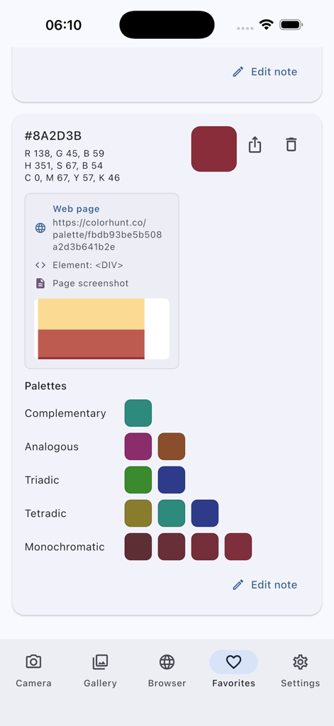 HexLens 앱의 화면은 상세 색상 값과 보색 및 삼색과 같은 생성된 색상 팔레트를 보여줍니다.