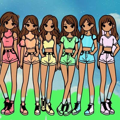 a group of girls wearing crop tops and shorts