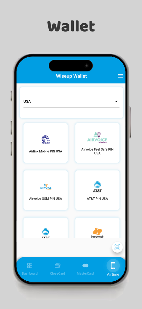 WiseUp Solution - Wallet - Mobile airtime top up screen in WiseUp Wallet app for US carriers