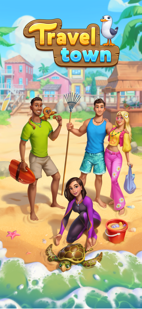 Four main characters of Travel Town standing on a sunny beach with a sea turtle