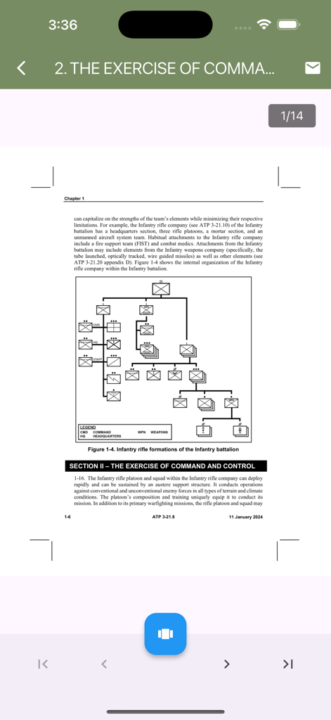 Digital view of the ATP 3-21.8 manual and infantry formation charts in the Infantry Platoon app