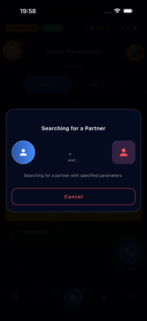 1001SMS —Anonymous Chat, Calls - A mobile app interface showing a searching for a partner popup for anonymous chat with gender filters