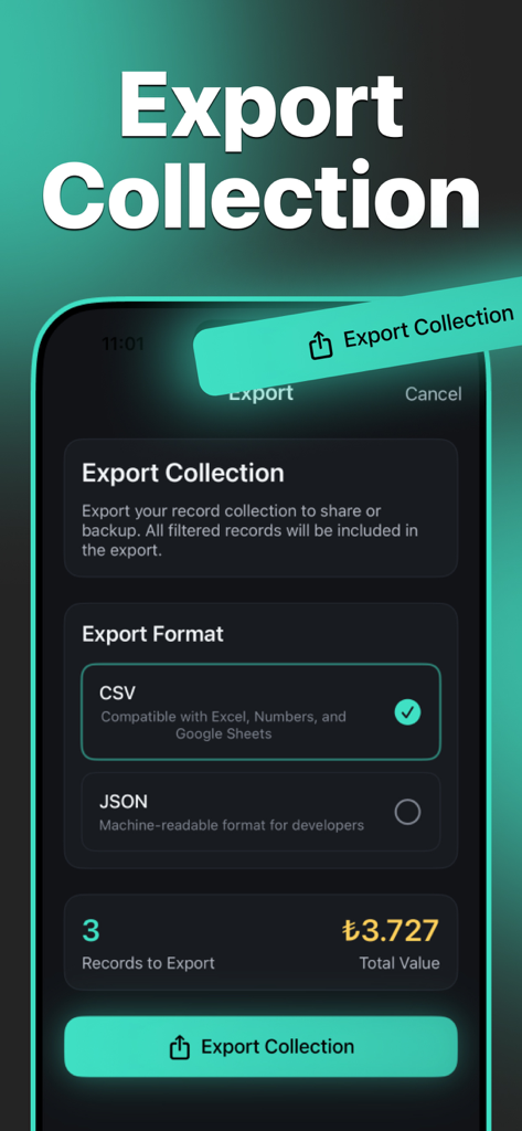 Record Scanner & Vinyl - CD - Mobile app screen showing the export collection options for vinyl records including CSV and JSON formats with total collection value